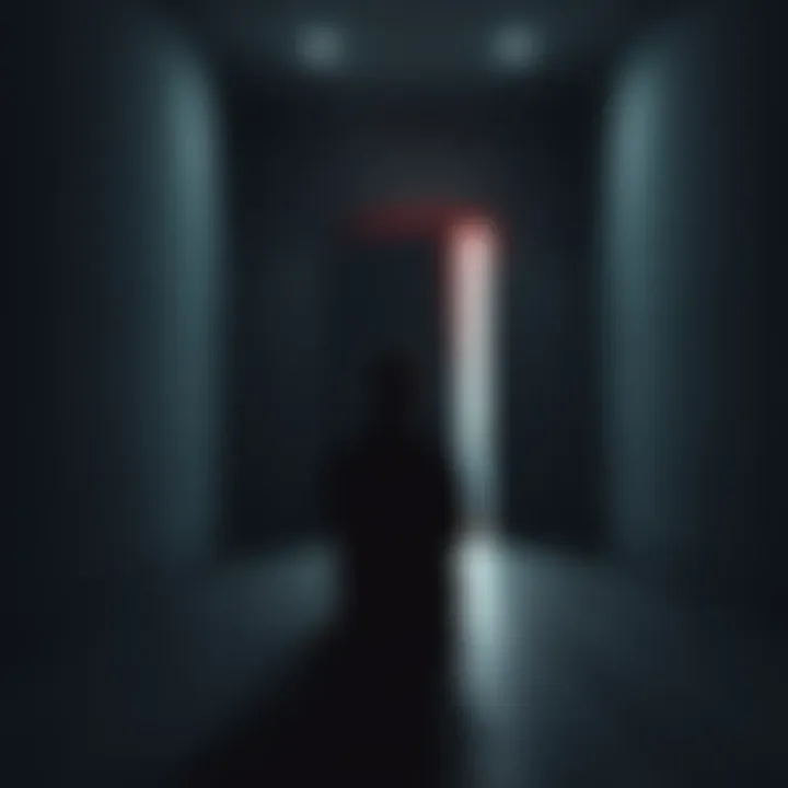 A person sitting alone in a dimly lit room, looking thoughtful while staring at an open door that seems to lead into another world.