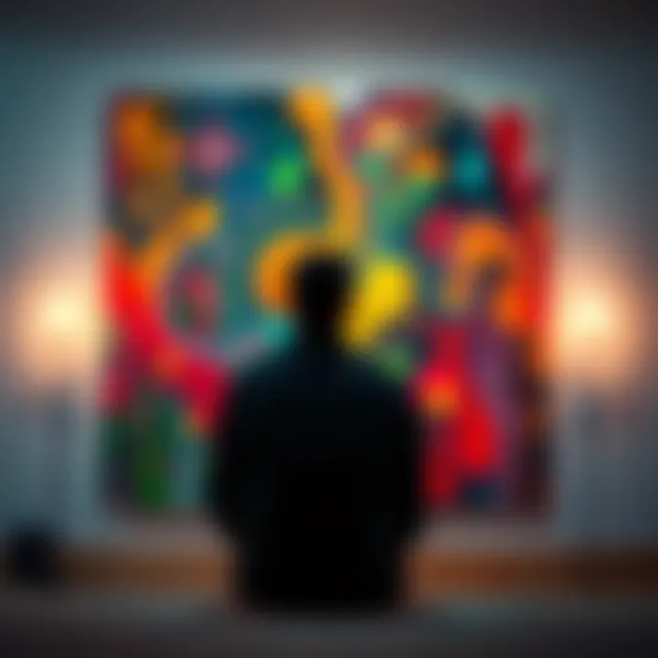 A person sitting in front of a colorful abstract painting, deep in thought about the role of ego in creativity and spirituality.