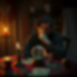 A thoughtful person sitting at a table with a crystal ball and tarot cards, pondering the concept of karma and choices, with a dimly lit background.