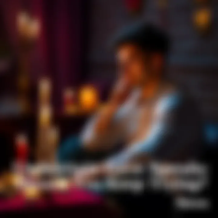 Person contemplating love spells Individual sitting with candles and crystals, looking thoughtful about their love spell attempts