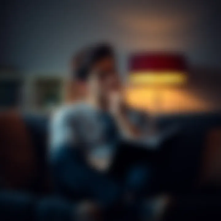 Individual sitting on a couch, looking pensive while holding a notebook, reflecting on deep thoughts related to existential OCD