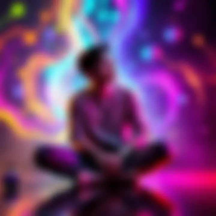 A person sitting cross-legged with a thoughtful expression, surrounded by colorful swirling lights representing different dimensions.
