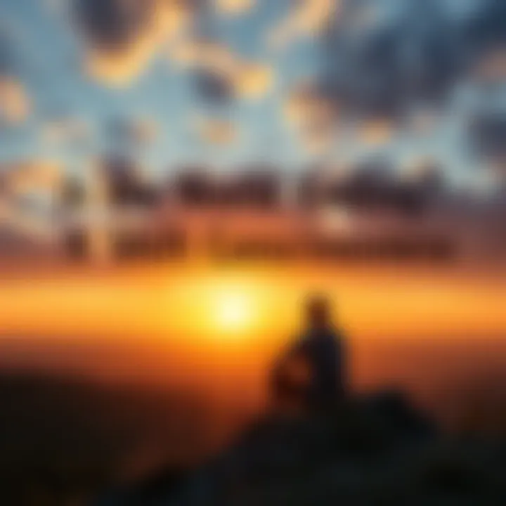 Person contemplating the world A person sitting on a hill looking at a sunset, reflecting on life and change