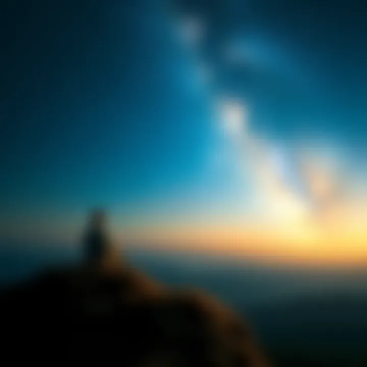 A person sitting on a hilltop, gazing at a starry sky, symbolizing reflection on reality and existence.