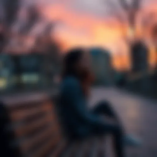 A 23-year-old woman sitting on a bench, looking thoughtful while gazing into the distance, symbolizing her search for answers about life after death and faith.