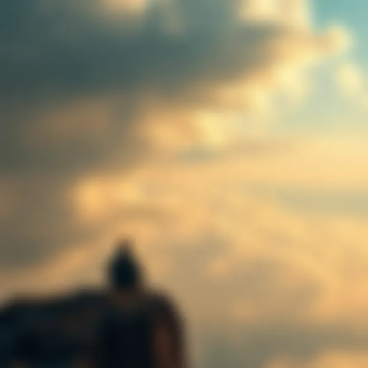 Contemplative Figure A person sitting alone on a cliff, looking out at a vast, cloudy sky, reflecting on existence and its challenges.