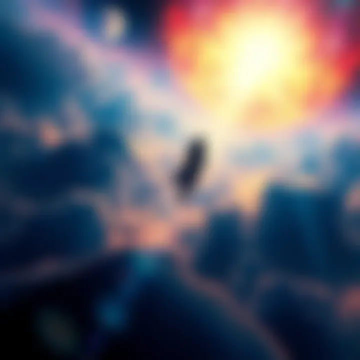 A serene depiction of a person floating in a cosmic landscape, symbolizing the exploration of near-death experiences and unity with the universe.