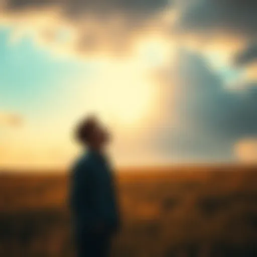 A person stands in a field, gazing upwards with a thoughtful expression, symbolizing the search for understanding of divine existence.