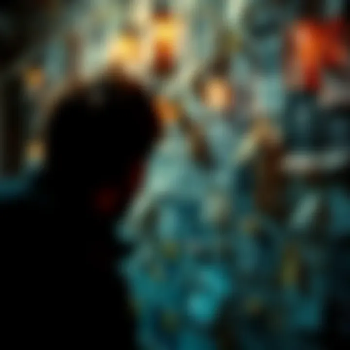 Control and Conspiracy A person looking at a wall covered with newspaper clippings and string connecting various points, symbolizing conspiracy theories and information control.