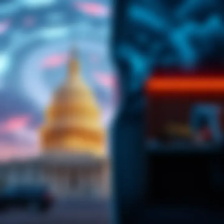 A split image showing a government building and a corporate office, symbolizing the competition for control over alien technology.