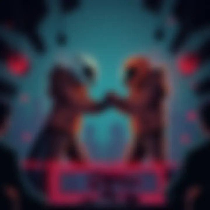 A digital illustration showing a power struggle in a forum, with two figures representing kiramis and rrab in a tense standoff, surrounded by coding symbols and a background of online community chatte...