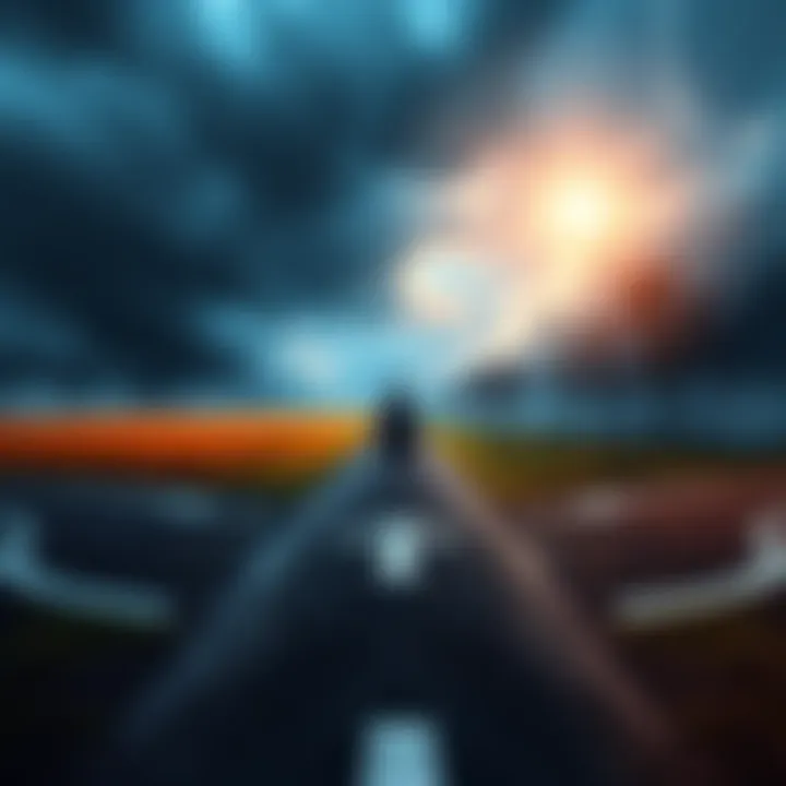 A person standing at a crossroads, with one path leading to a peaceful field and the other to a stormy landscape, symbolizing the balance between control and chaos.