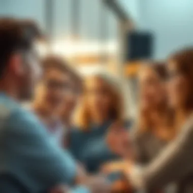 Conversation about Assertiveness A group of people engaged in a discussion, showing various expressions that reflect assertiveness and passion.