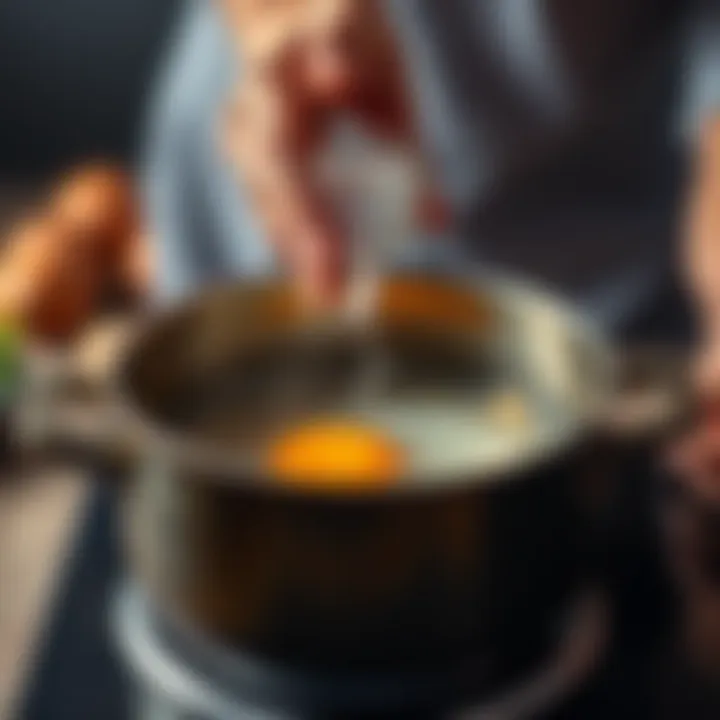 A person pours salt into a pot of boiling water containing an egg, illustrating a cooking mistake.