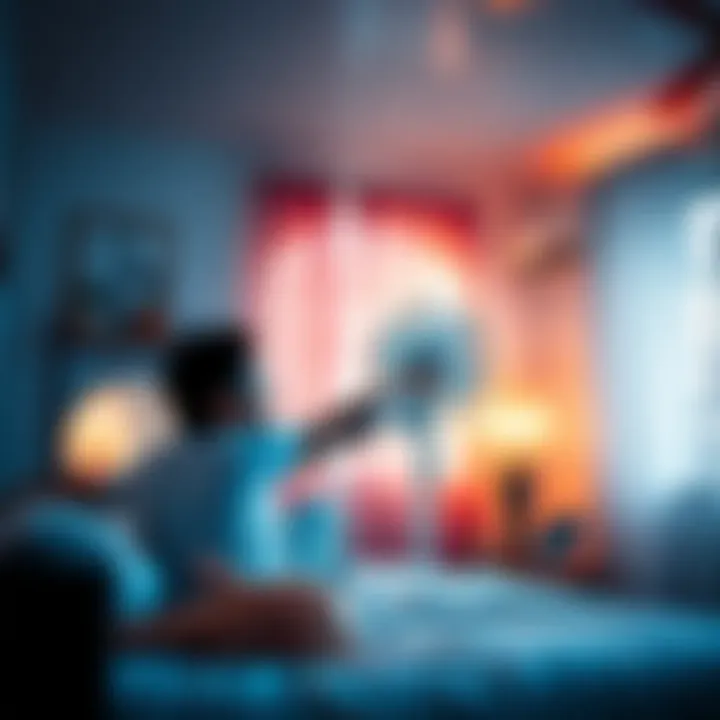 A person using a fan and air conditioner in a hot room to stay cool