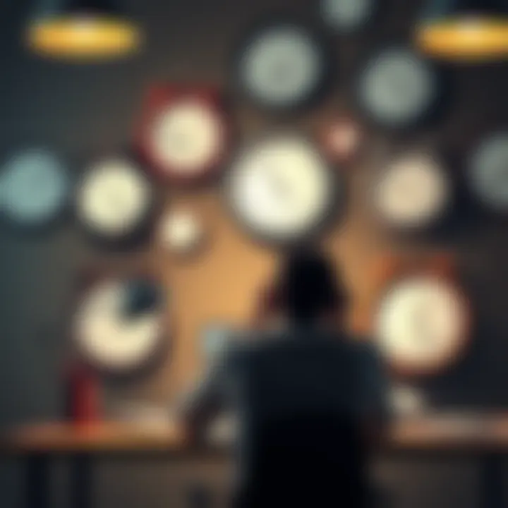 Coping with OCD and Intrusive Thoughts A person sitting at a desk looking stressed, surrounded by clocks showing different times, representing the struggle with intrusive thoughts and OCD