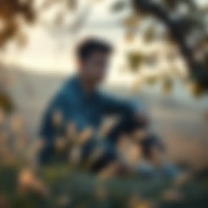 Person Reflecting on Thoughts A person sitting in a peaceful setting, contemplating with a thoughtful expression, surrounded by calming nature elements.