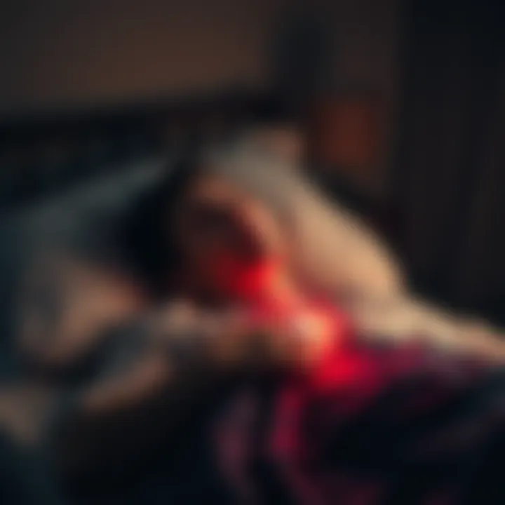 A person lying in bed with a worried expression, feeling the weight on their chest during sleep paralysis, surrounded by a dimly lit room