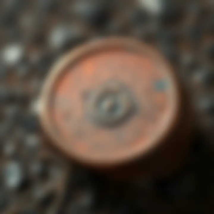 A close-up view of a copper ring featuring an unusual symbol etched on its surface, showing details of the design and metal texture.