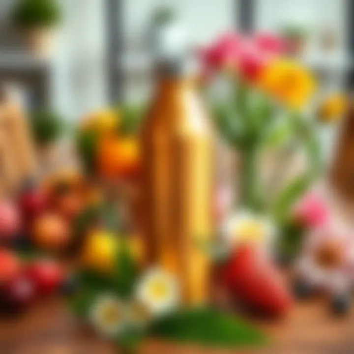 A copper water bottle placed on a wooden table surrounded by fresh fruits and flowers, showcasing its shiny surface and elegant design.