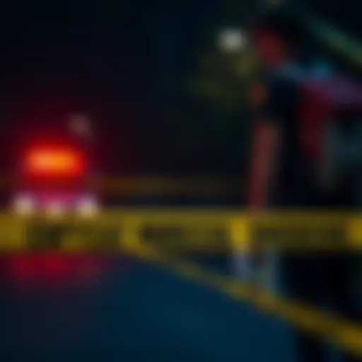 A somber scene showing police tape at a crime scene with investigators examining evidence, highlighting the seriousness of copycat murders.