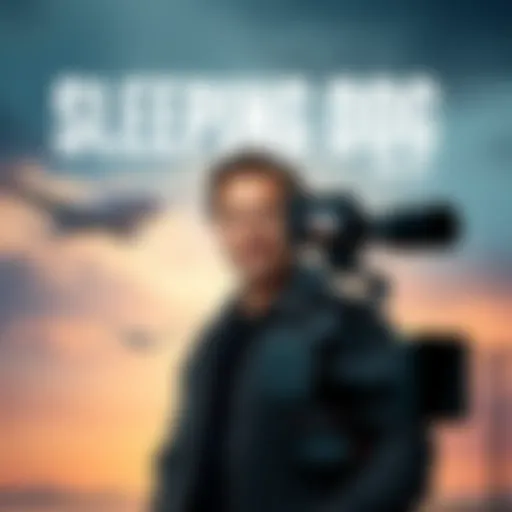 Corbell stands in front of a camera, discussing his documentary 'Sleeping Dog', featuring a backdrop of unidentified aerial phenomena images.