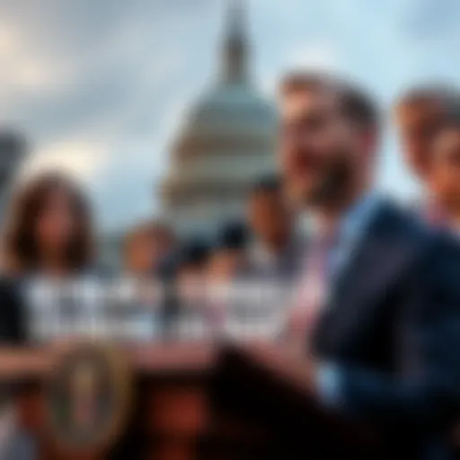 Jeremy Corbell speaking at a press conference in front of the Capitol, with lawmakers standing beside him, focusing on NHI files and UAP crash retrievals