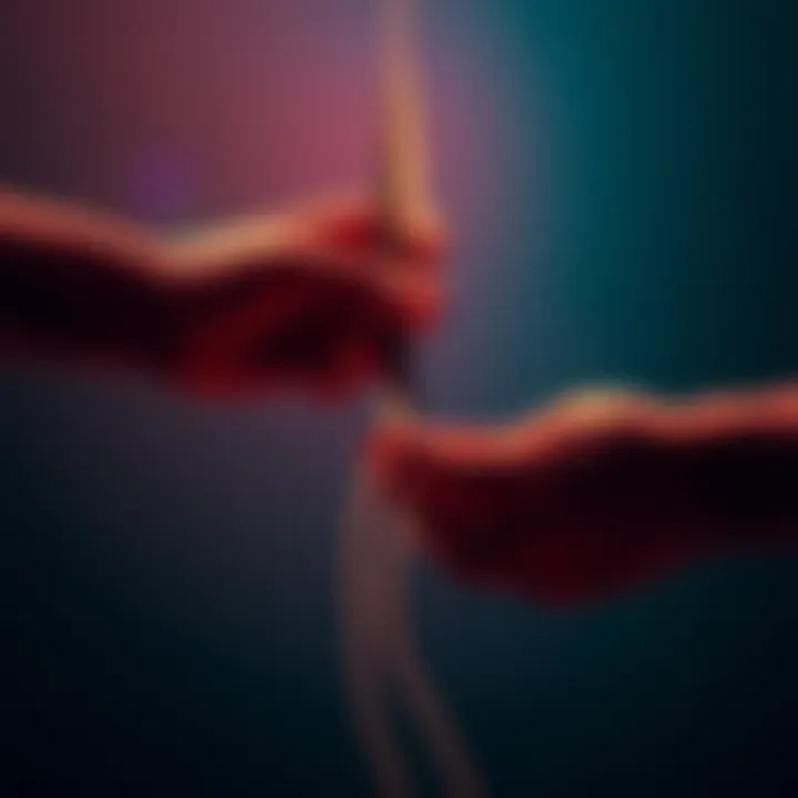 A person holding a pair of scissors over a string representing a connection being cut, symbolizing emotional release.