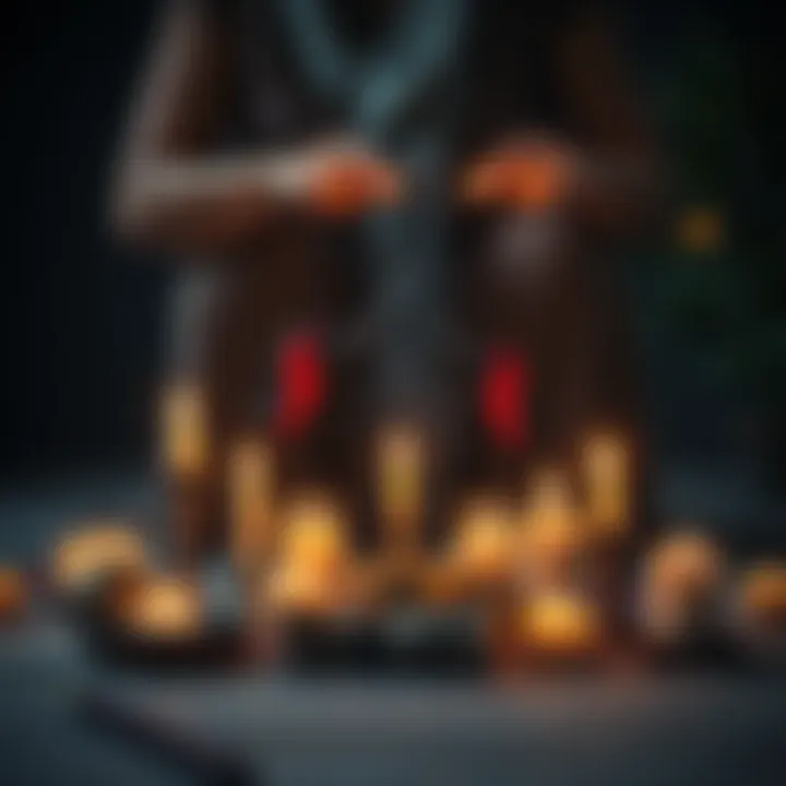 A person performing a cord cutting ritual surrounded by candles and meditation tools