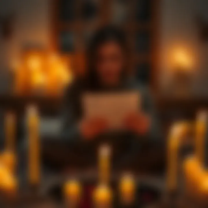 A person sitting in a calm space surrounded by lit candles, holding a piece of paper with intentions written down, preparing for a cord-cutting ritual.