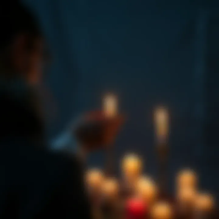 A person performing a cord-cutting ritual with candles and symbols representing past relationships.