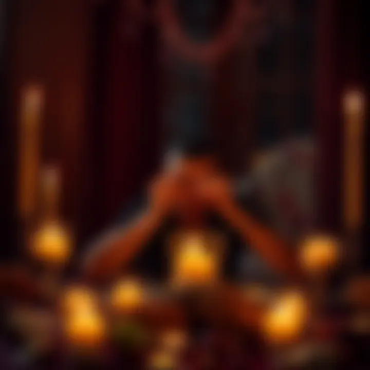 A person performs a cord cutting ritual, surrounded by burning candles and crystals, reflecting on past relationships.