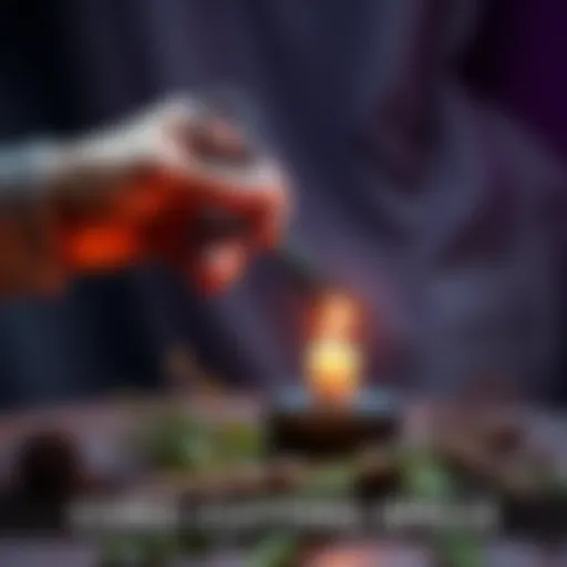 A person holding a pair of scissors over a candle and herbs, symbolizing a cord-cutting spell