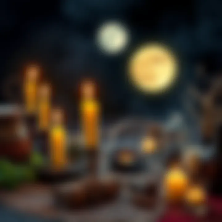A ritual setup with herbs, candles, and personal items for a cord-cutting spell during a full moon.