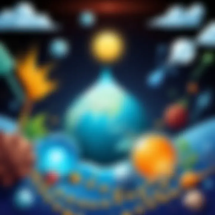 An illustration showing key elements like earth, water, and air representing the basics of life