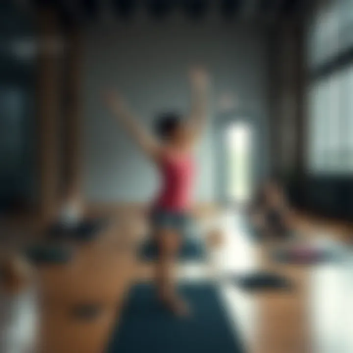 A Corepower yoga teacher demonstrating a pose in a studio setting, surrounded by students in yoga mats, showcasing a focus on wellness and fitness.