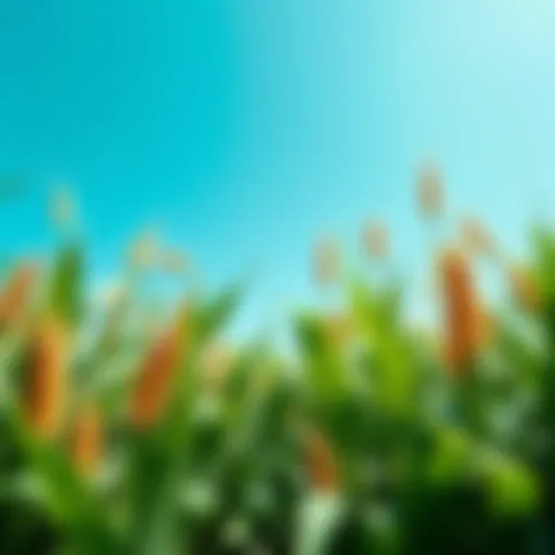 A lush cornfield under a clear blue sky, showcasing the tall green stalks and golden tassels swaying in the breeze, symbolizing agricultural growth and community life.