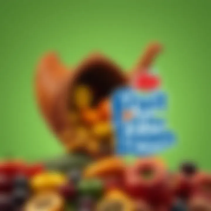 A cornucopia filled with fruits and vegetables next to the Fruit of the Loom logo