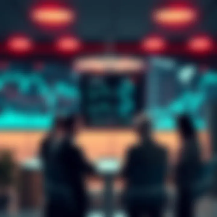 A group of corporate leaders discussing strategies in a modern office setting, with a digital surveillance screen in the background showing data analytics.