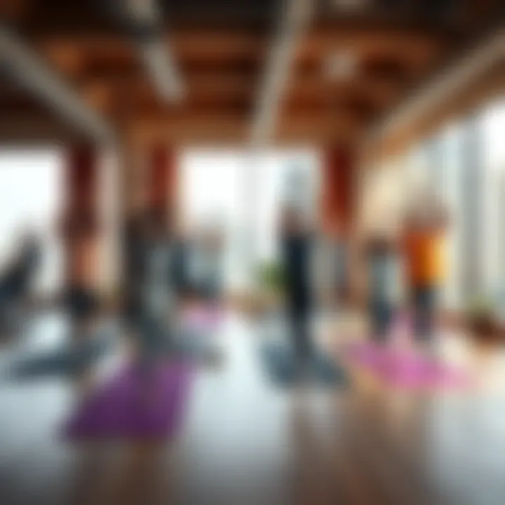 Corporate Yoga Session A group of employees practicing yoga in an office setting with mats and a peaceful atmosphere