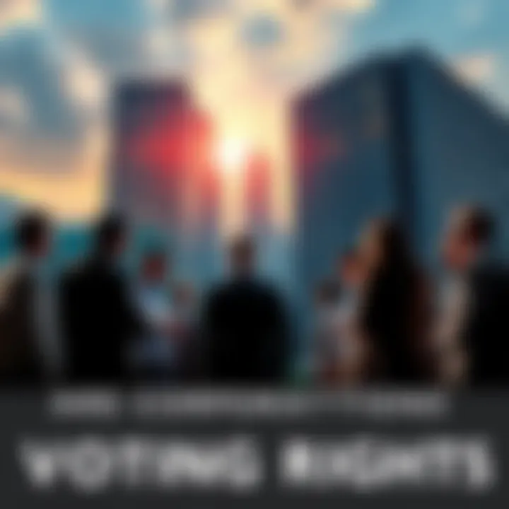 A group of people discussing legislation changes with a corporate building in the background, highlighting the topic of corporations voting in elections.