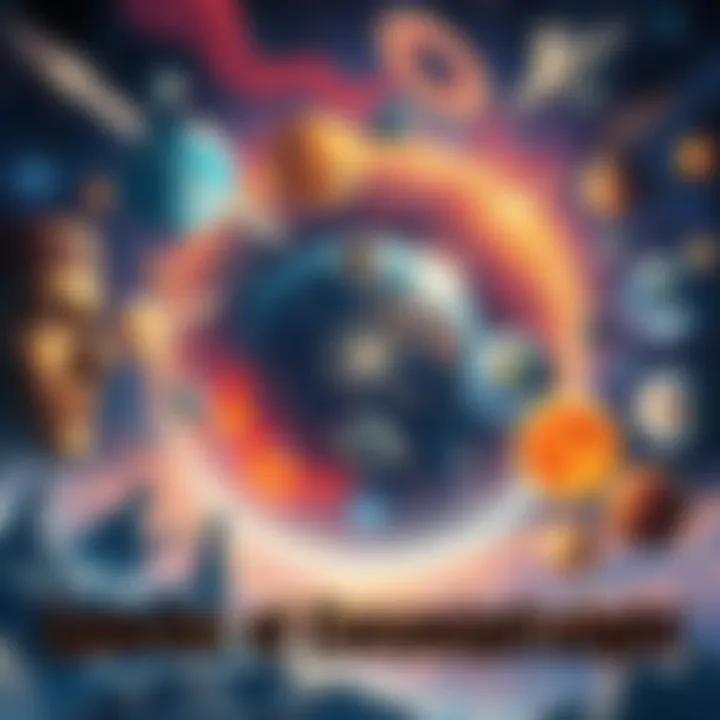 A visual representation of cosmic interpretation through various historical epochs, showcasing tools from ancient religions to modern technology.