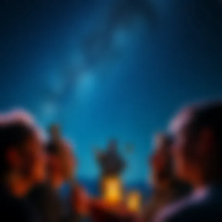 People honoring a celestial event with instruments and candles under a starry sky
