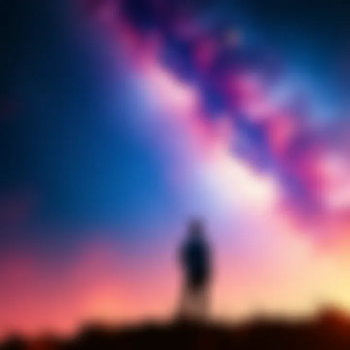 A vibrant cosmic scene with a person gazing at a starry sky, representing creativity and imagination in J T's book.