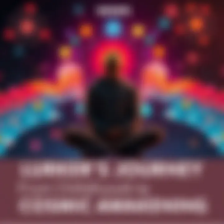 A person sitting cross-legged with eyes closed, surrounded by glowing colors and cosmic symbols, representing a journey of self-discovery and cosmic awakening.