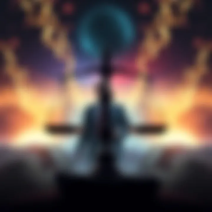 A cosmic scene depicting a scale balancing actions and consequences, with a silhouette of a leader in the background, symbolizing moral judgment.
