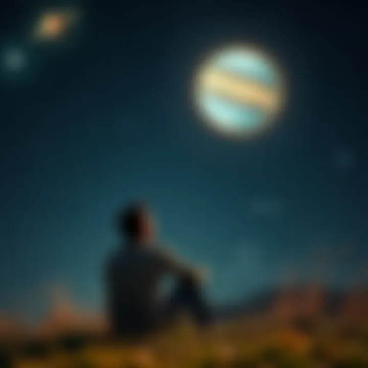 A person sitting outside, gazing at the stars while feeling contemplative, with a backdrop of a night sky filled with stars and two bright planets representing Mercury and Uranus.