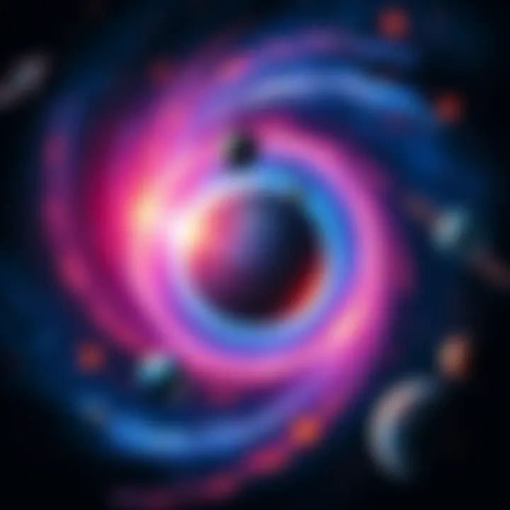 Cosmic Chaos Symbol A swirling galaxy with planets and stars representing Mercury Retrograde's influence, filled with vibrant colors and cosmic energy.