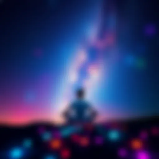 A person sitting cross-legged under a starry sky, surrounded by colorful light patterns, reflecting a sense of unity with the universe after consuming edibles.
