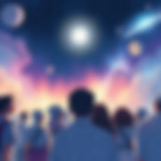 An illustration showing a diverse group of people looking up at a bright starry sky, symbolizing their connection to extraterrestrial beings.